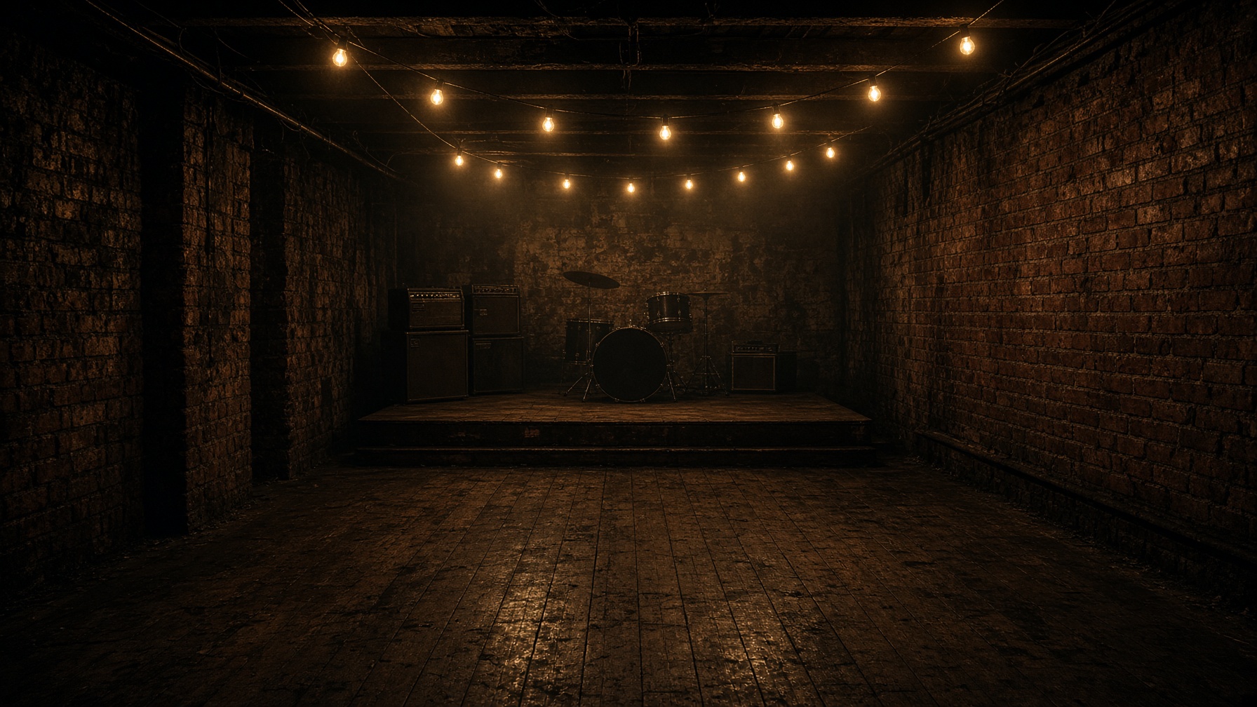 An empty 1960s Liverpool cellar club stage, brick walls and warm tungsten lights