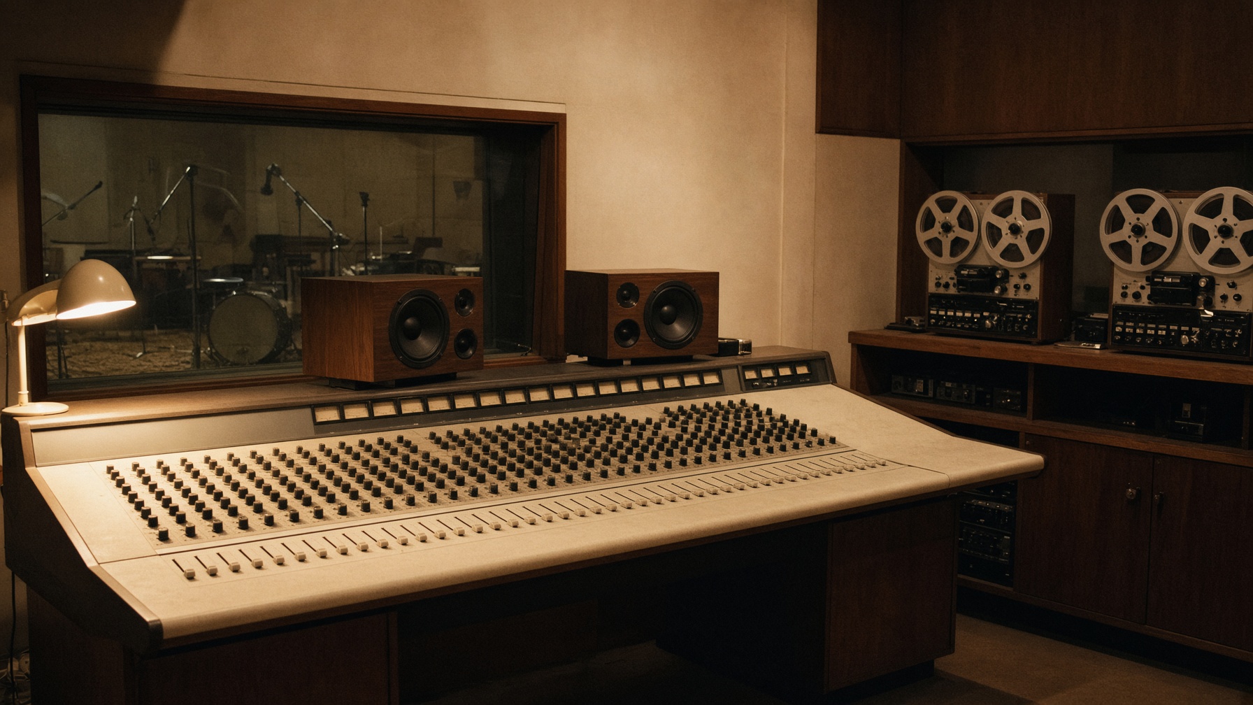 Empty 1960s recording studio control room with analog mixing desk
