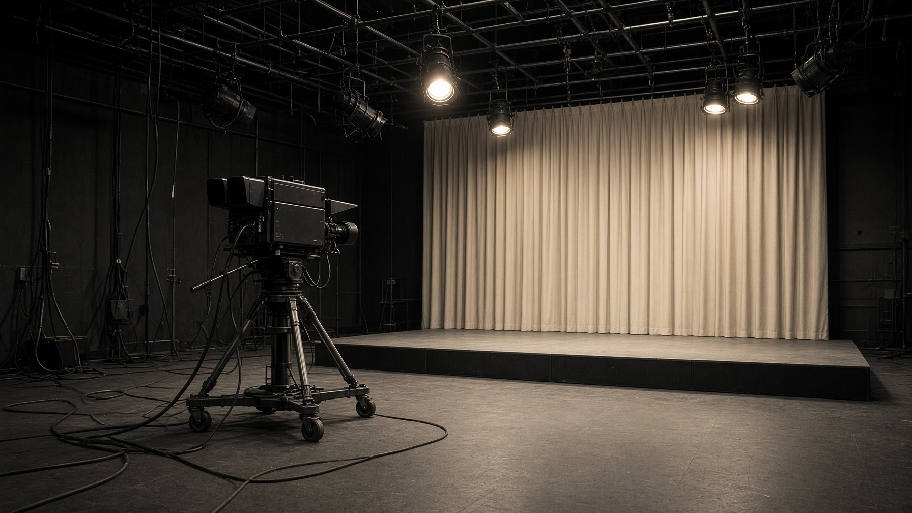 Empty 1960s television studio with a vintage camera